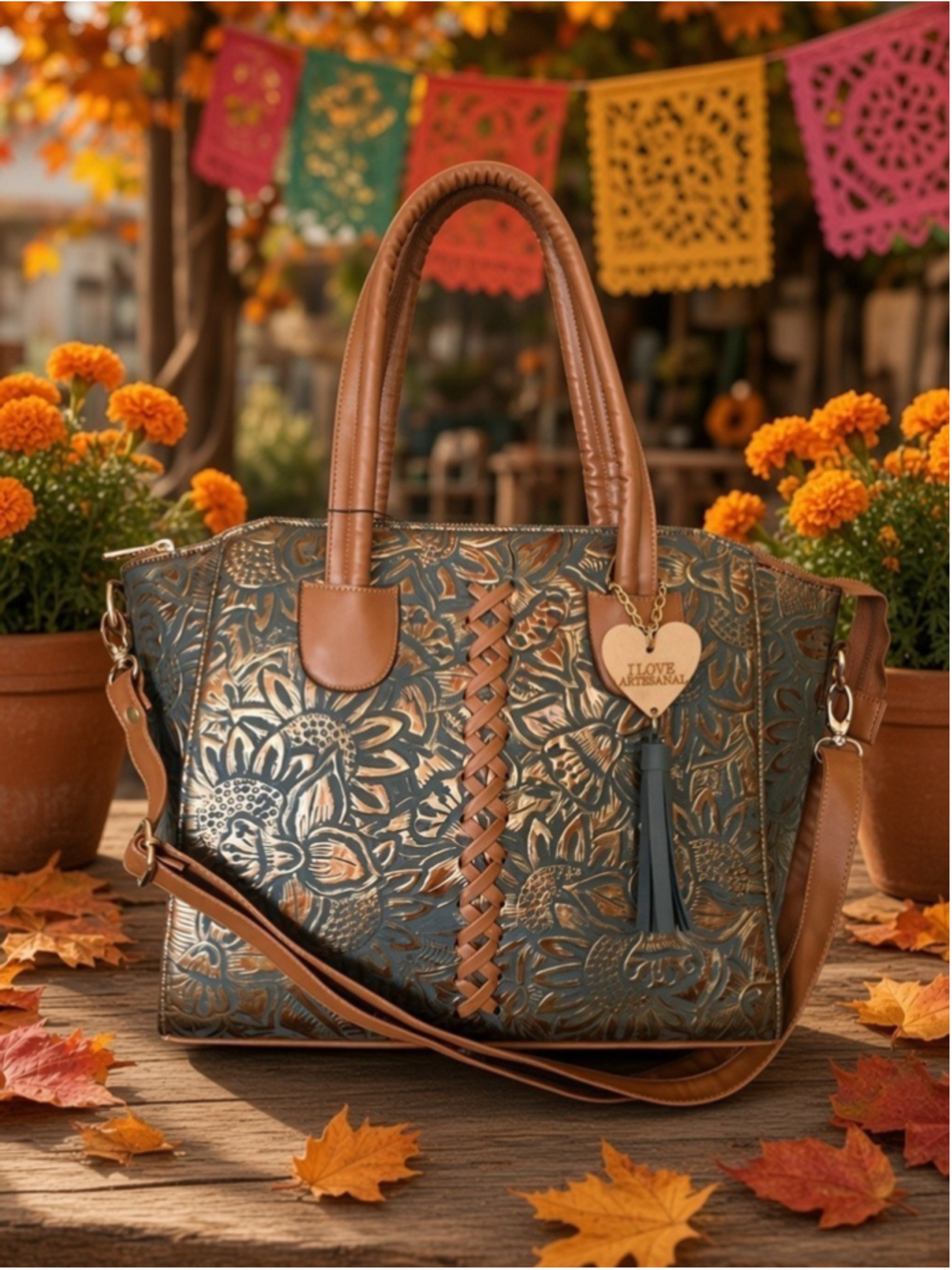 Smoky Slate Gray & Cognac Brown Sunflower Emboss LEATHER Artisan Handbag Purse